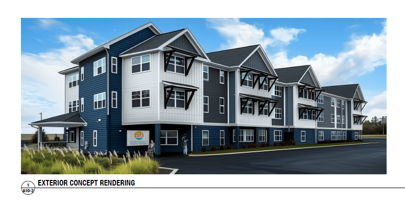 Architectural plan for Northwest Coastal Housing, showing building layouts, parking, and landscaping.