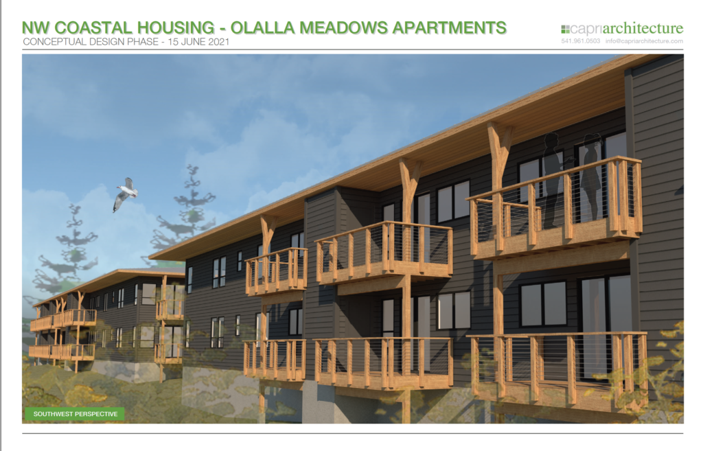 Ollala Meadows Apartments rendering: wooden balconies, dark siding, coastal setting, seagull in flight.