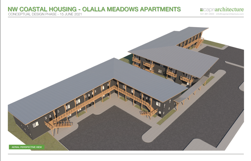 Architectural rendering of Olalla Meadows Apartments, a multi-building apartment complex with dark gray roofs and wooden balconies.