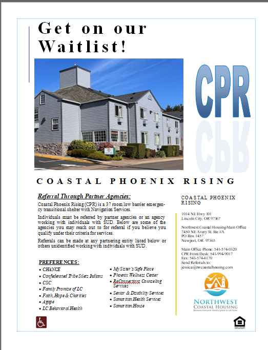Flyer for Coastal Phoenix Rising, offering waitlist sign-up. Building photo and contact details included.