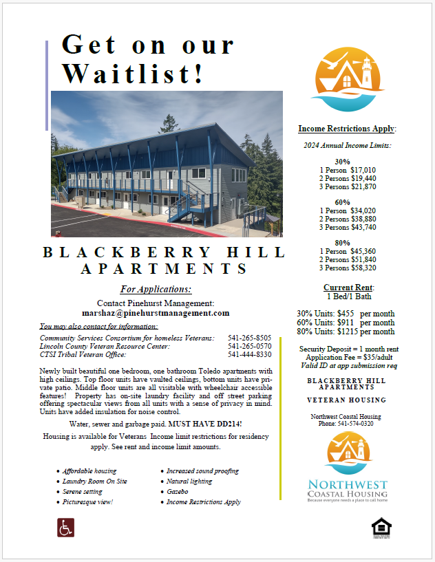 Apartment complex advertisement, with building photo, waitlist information, and contact details.