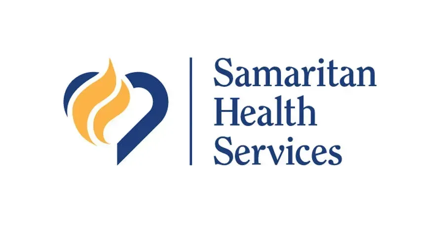 Logo: Blue heart with flame,