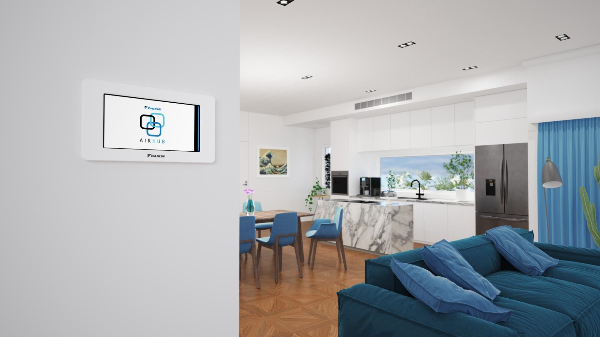 A Living Room With A Blue Couch And A Television On The Wall — Jervis Bay Airconditioning In Huskisson, NSW