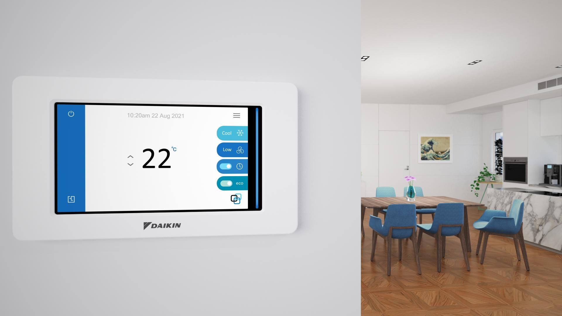 A White Thermostat Is Hanging On A Wall Next To A Dining Room — Jervis Bay Airconditioning In Huskisson, NSW