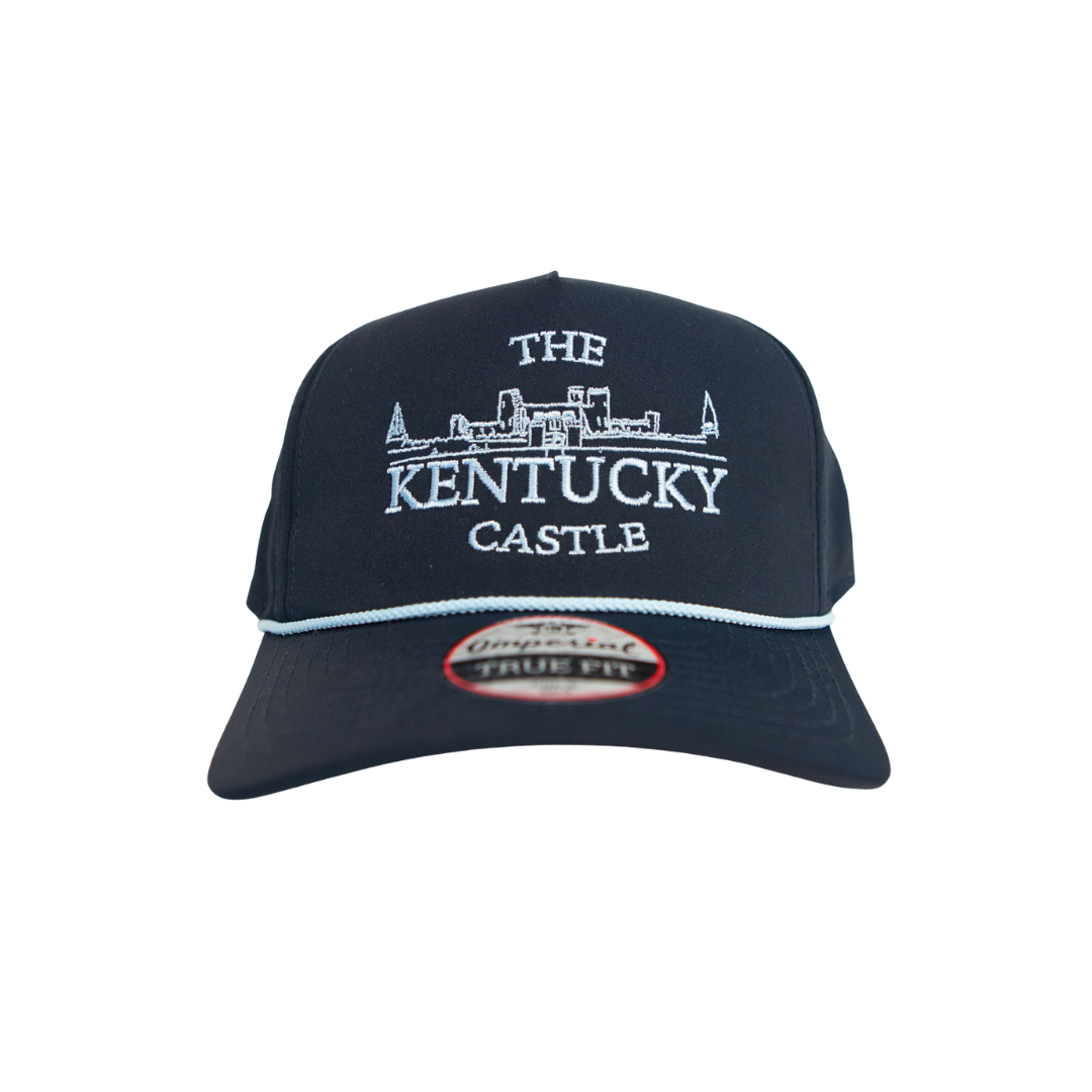Black cap with white embroidery of "The Kentucky Castle" silhouette.