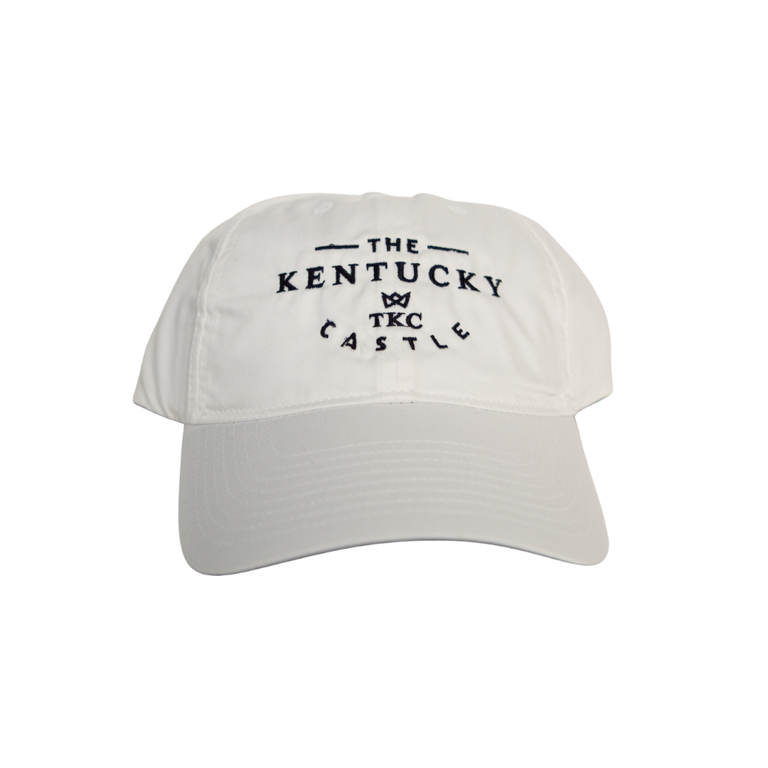 White baseball cap with "The Kentucky Castle" embroidered in black.