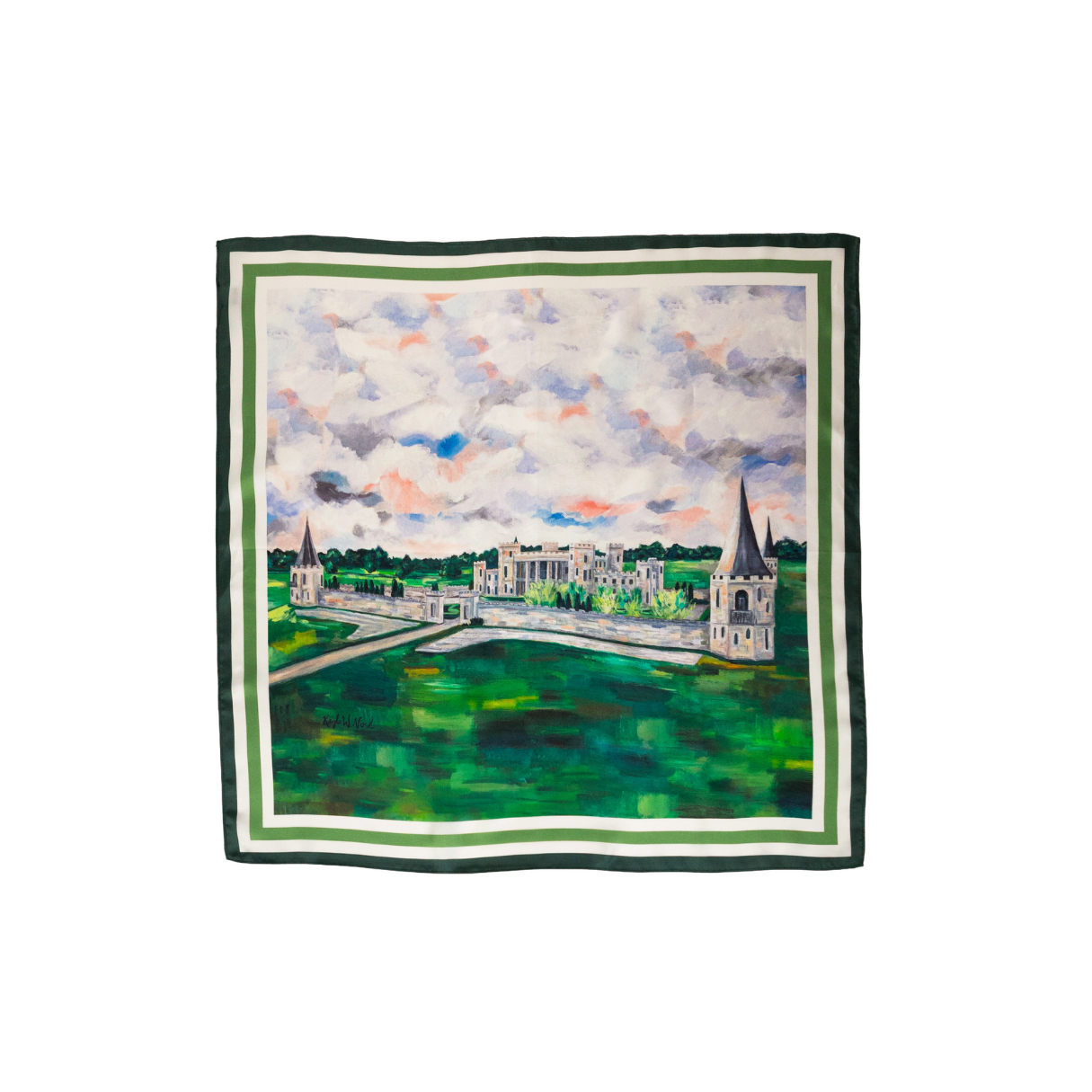Silk scarf with a watercolor painting of a building with towers in a green field under a cloudy sky.