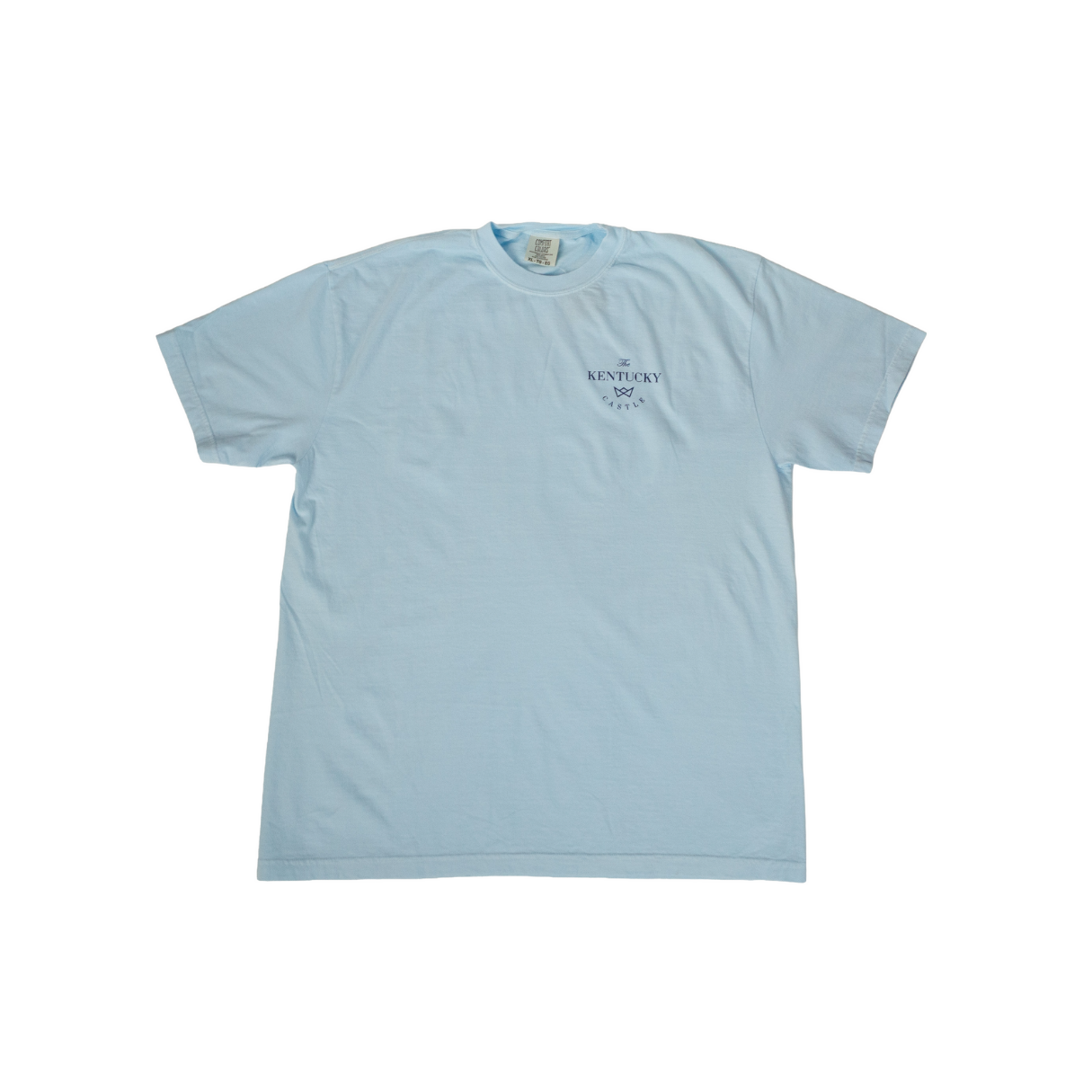 Light blue t-shirt with small text graphic on the chest, studio shot.
