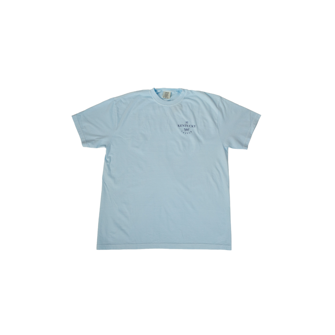 Light blue t-shirt with a small graphic on the chest, against a white background.