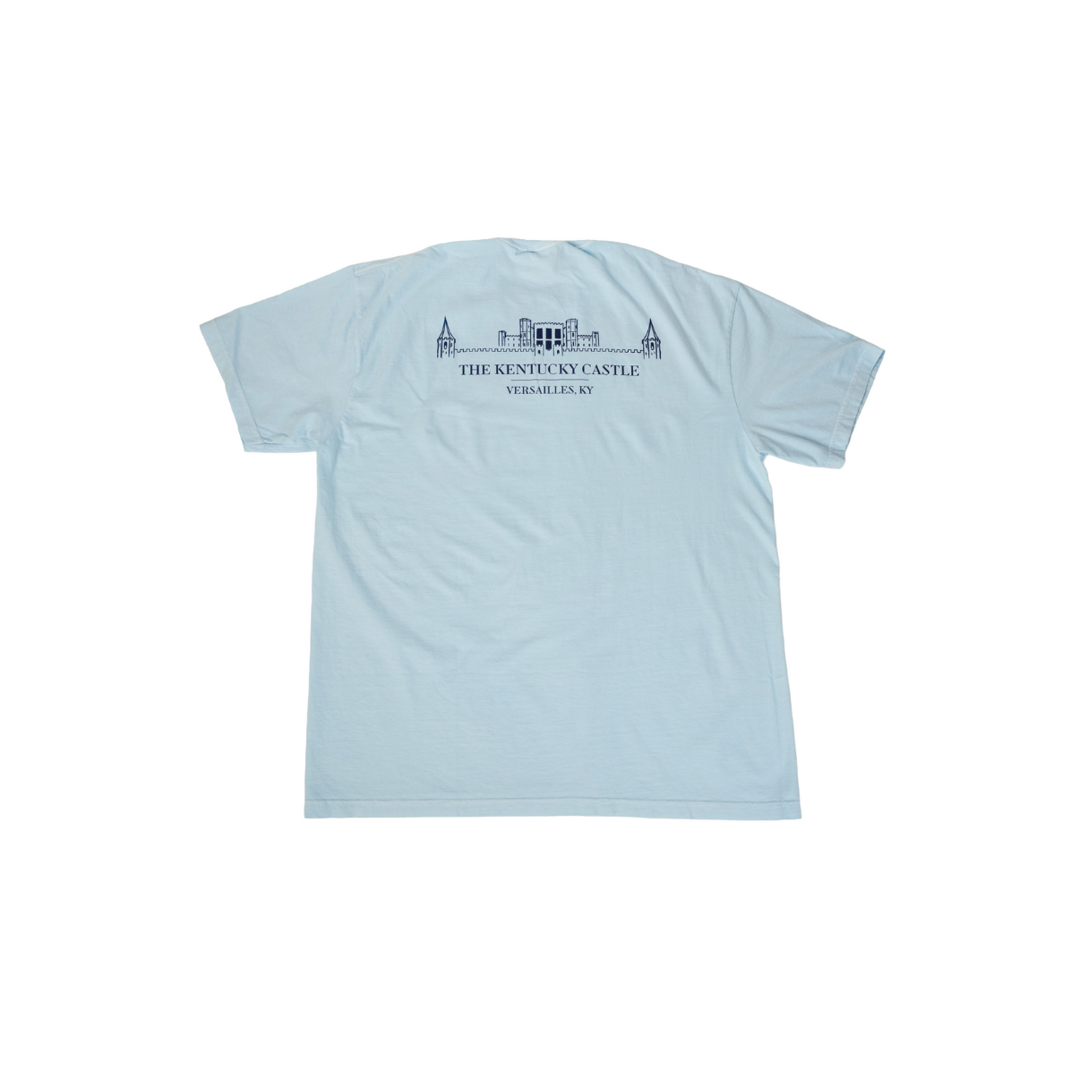 Dark gray t-shirt with small white design on the left chest.