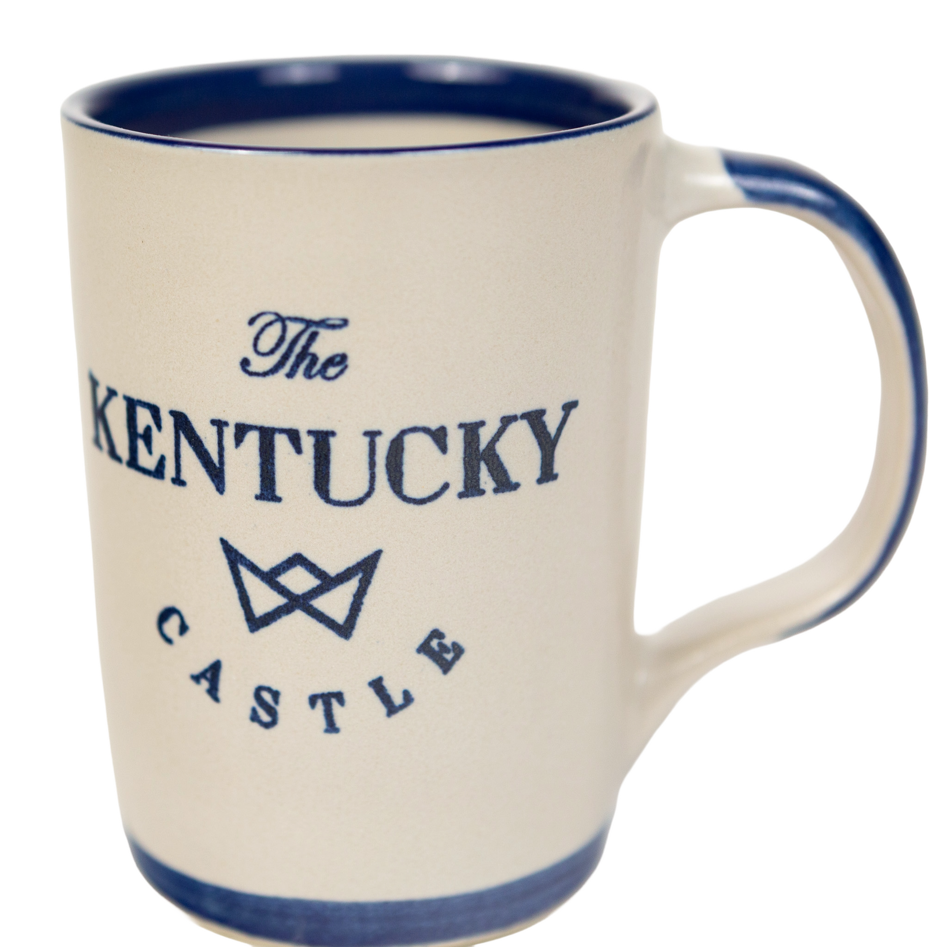 Cream-colored coffee mug with blue trim and text