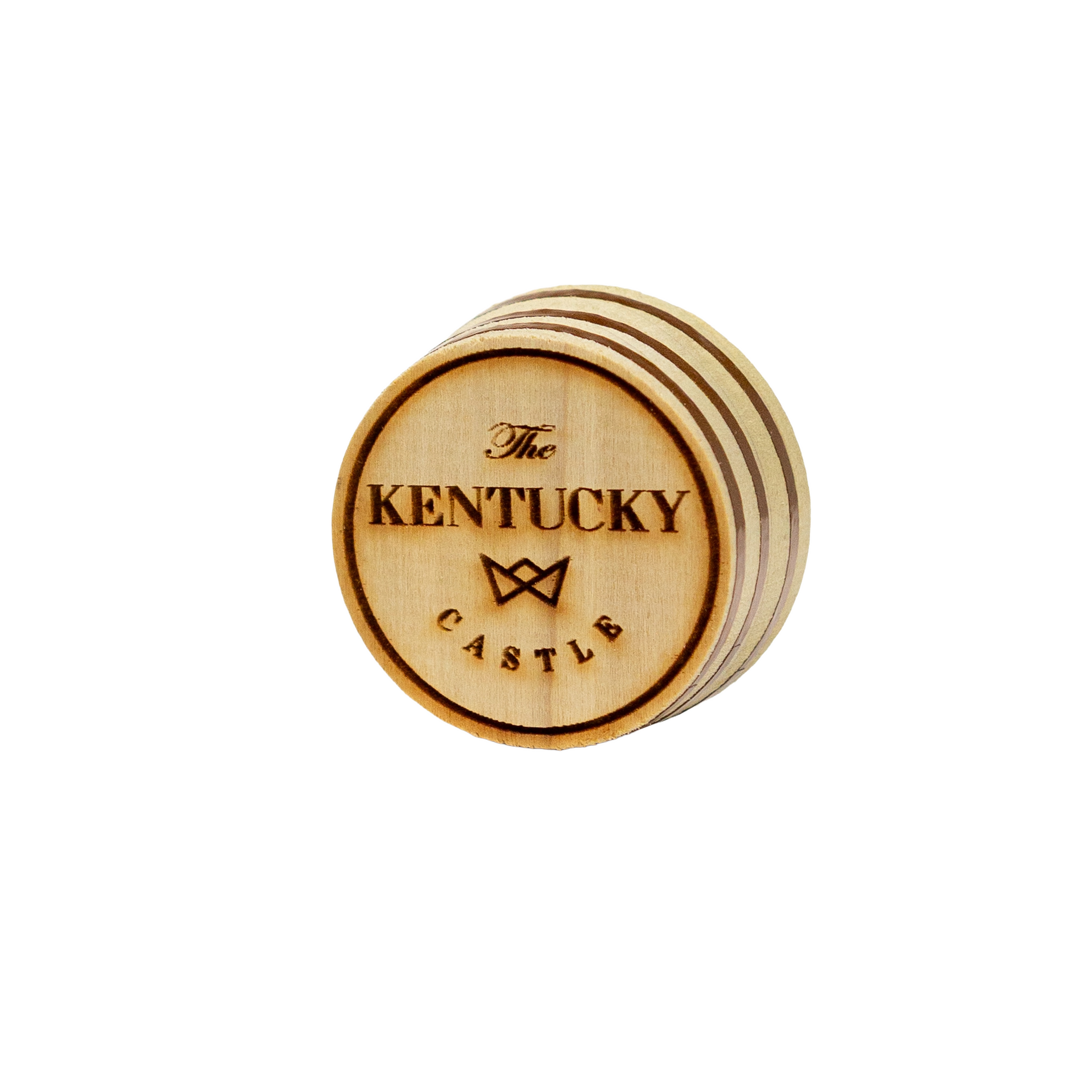 Wooden barrel-shaped coaster with "The Kentucky Castle" engraved on it.