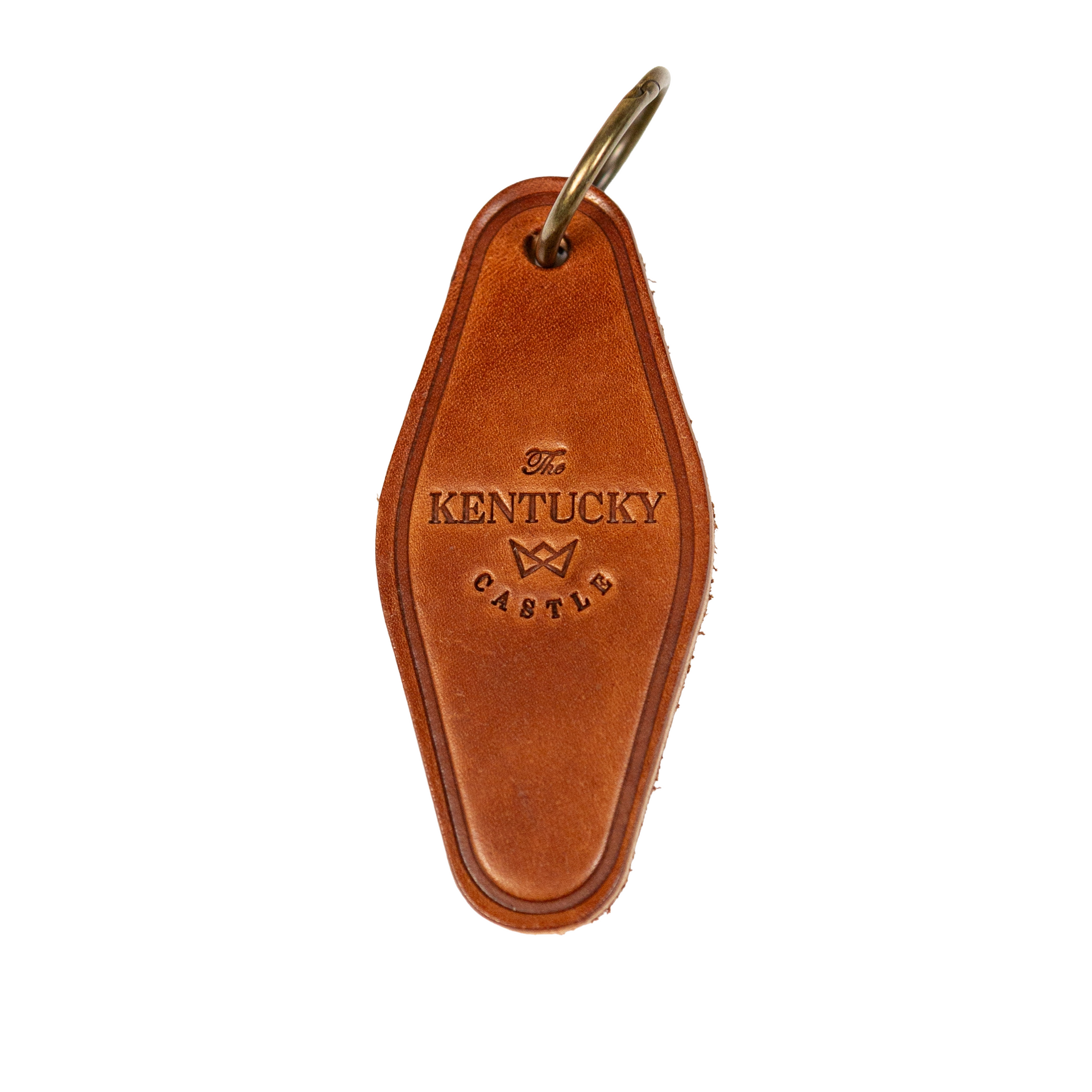 Brown leather Kentucky Castle key tag with brass ring.