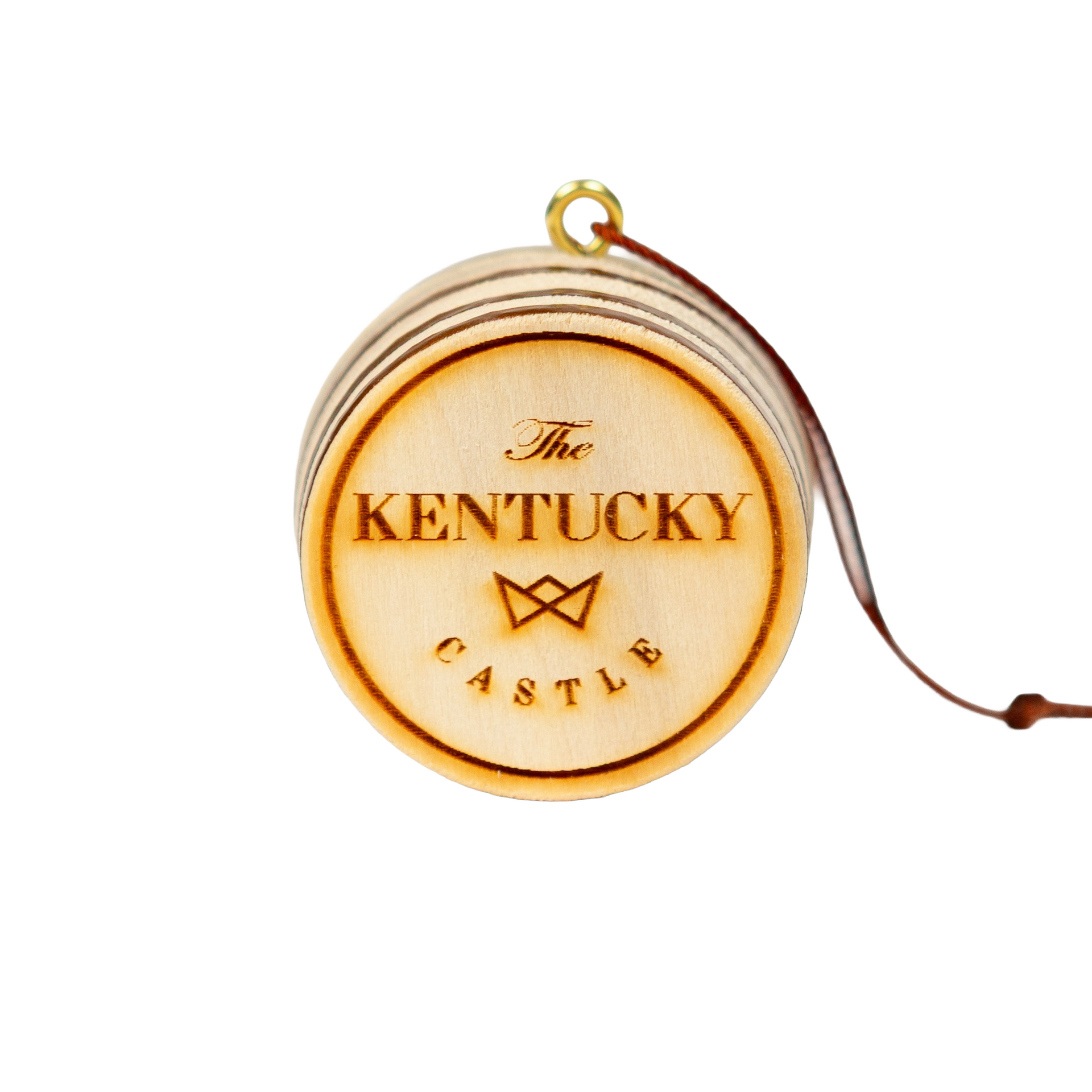 Wooden ornament with "The Kentucky Castle" logo and brown string.