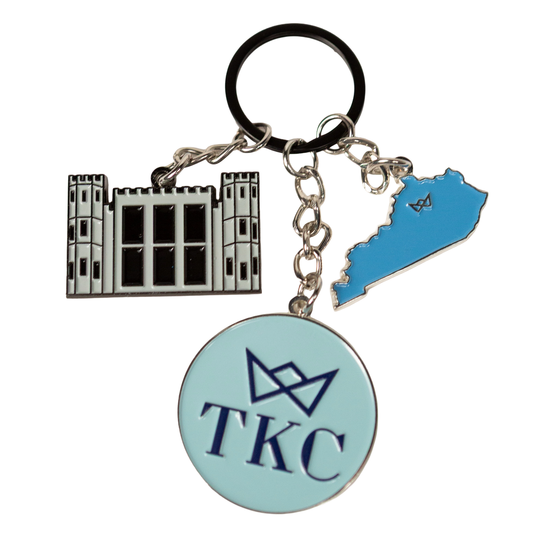 Keychains with a castle, Kentucky outline, and "TKC" emblem.