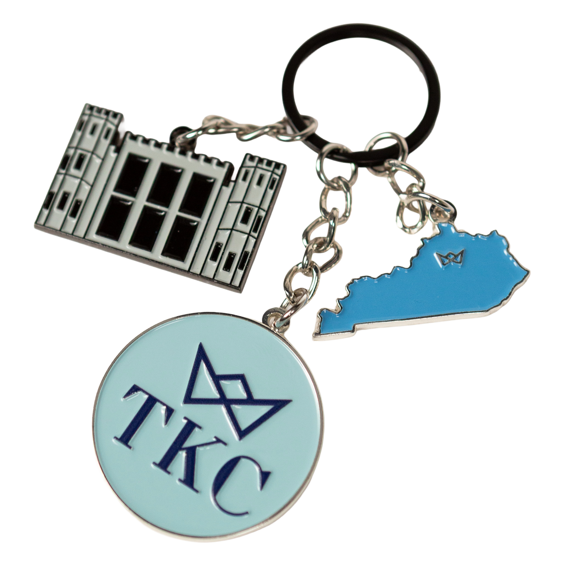 Keychains with a castle, Kentucky outline, and