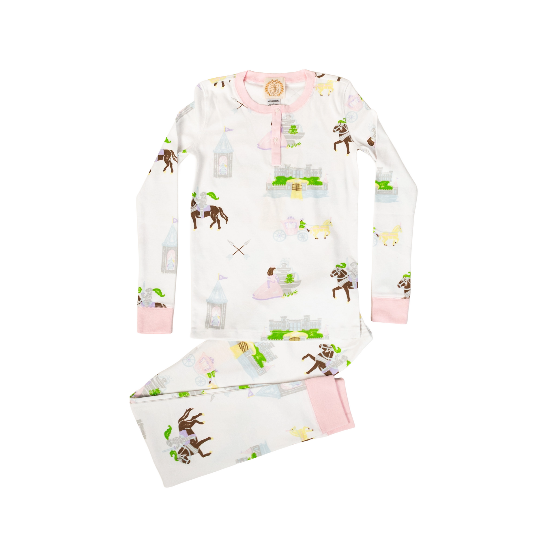 White children's pajamas with a pink trim, featuring a horse-themed pattern.