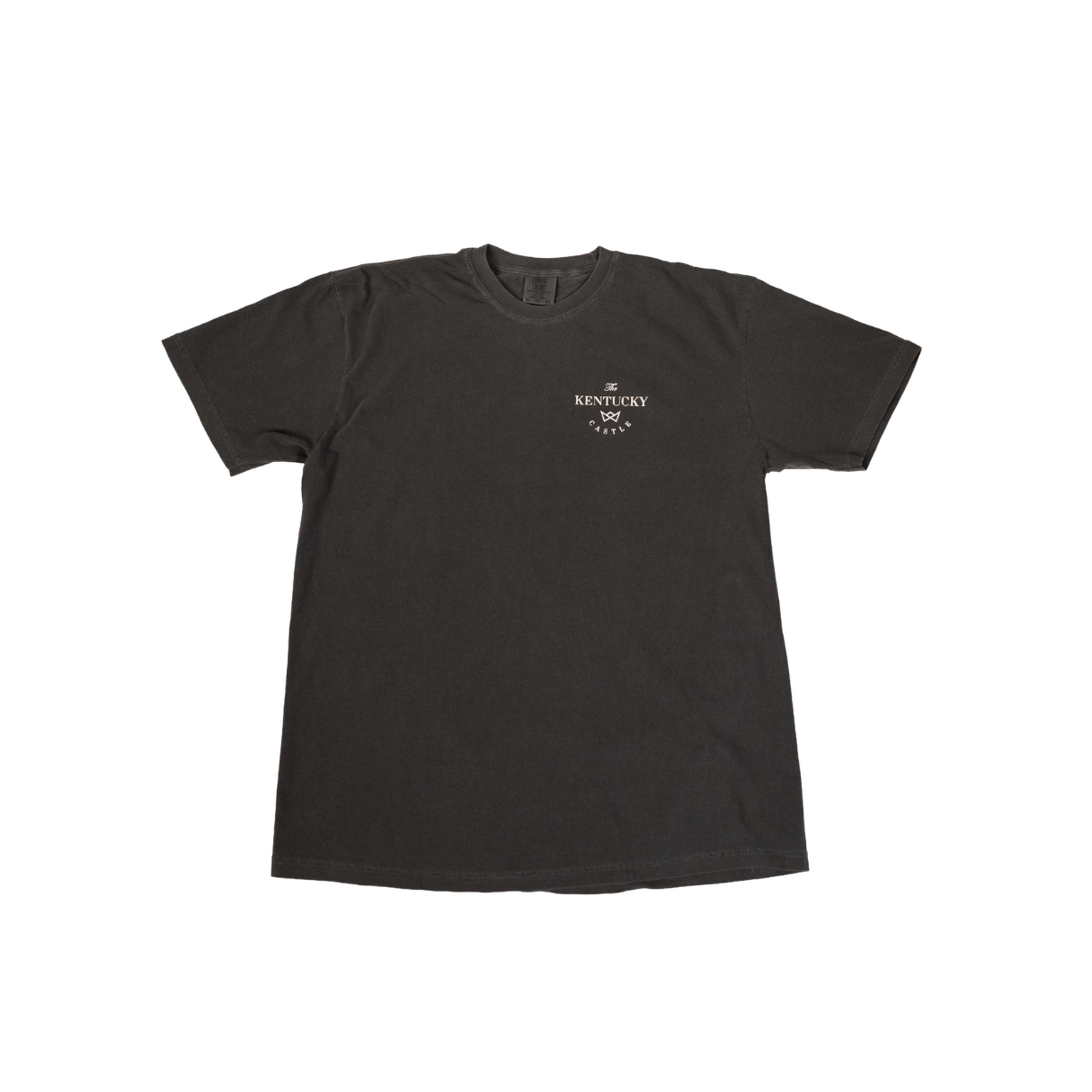Dark gray t-shirt with small white design on the left chest.