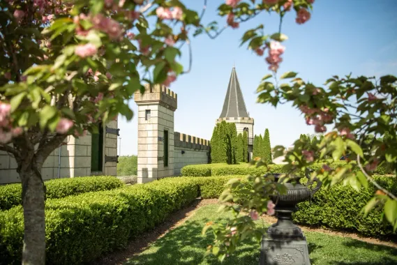 Lush green hedge and a stone castle with a high spire and towers under a bright blue sky.