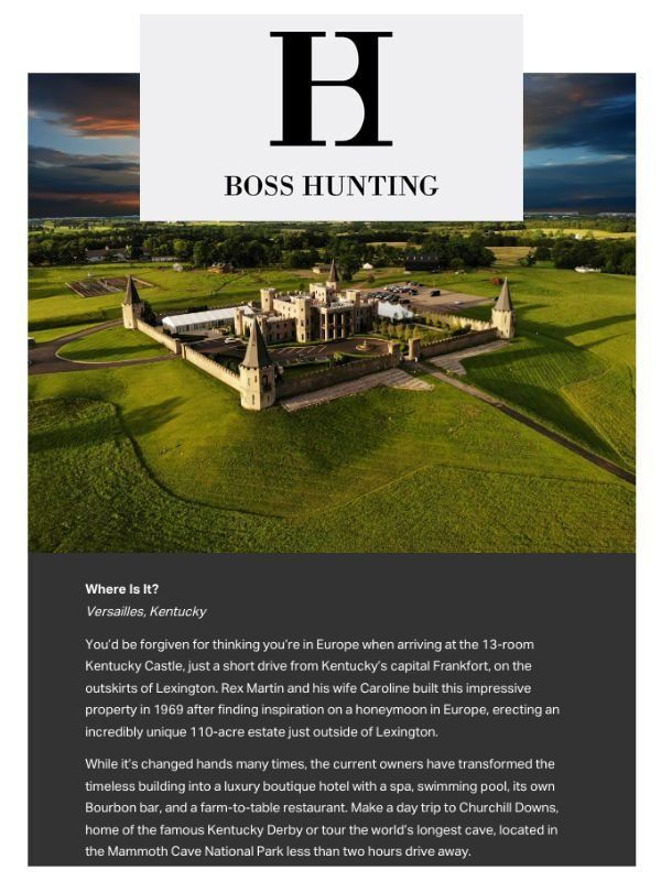 Aerial view of a castle in Versailles, Kentucky. Boss Hunting logo at the top.