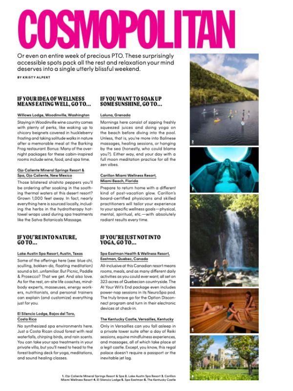 Cosmopolitan magazine spread about wellness retreats. Images include water activities, waterfall, and spa treatments.