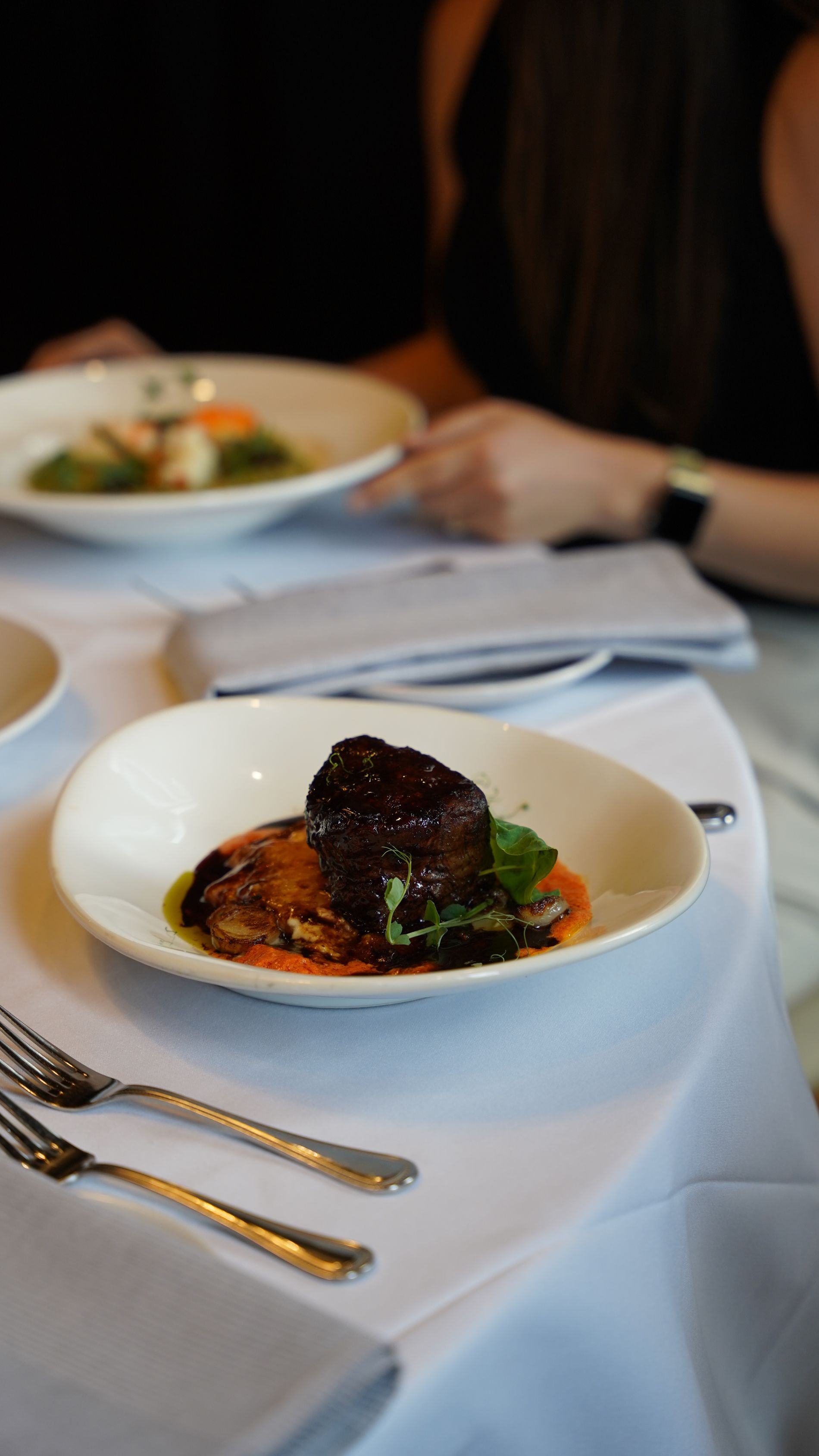 Plate of braised meat with a colorful sauce, served at a restaurant table with a person nearby.