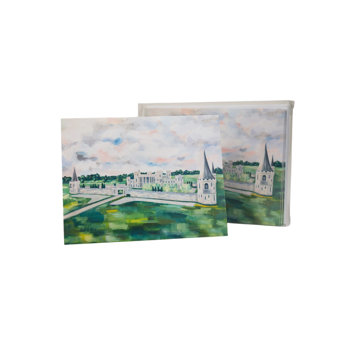 Two canvas prints depicting a light-colored castle with tall spires, set in a green field under a cloudy sky.