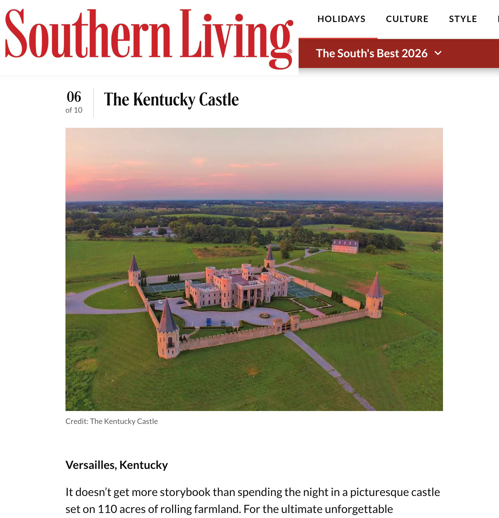 a preview of a Southern Living article highlighting The Kentucky Castle as one of