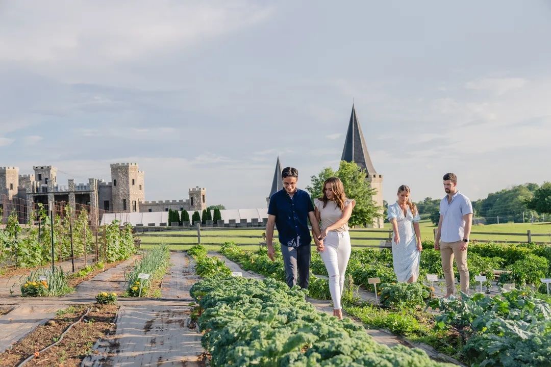 People walking in a garden with a castle in the background.