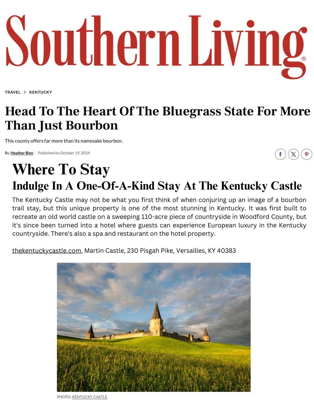 Southern Living magazine cover featuring an article about Kentucky tourism and the Kentucky Castle.