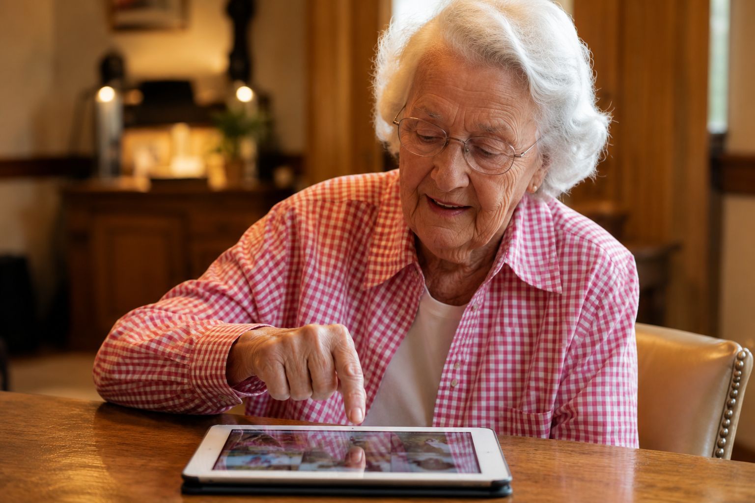 Person in a pink checkered shirt using a tablet at a wooden table indoors