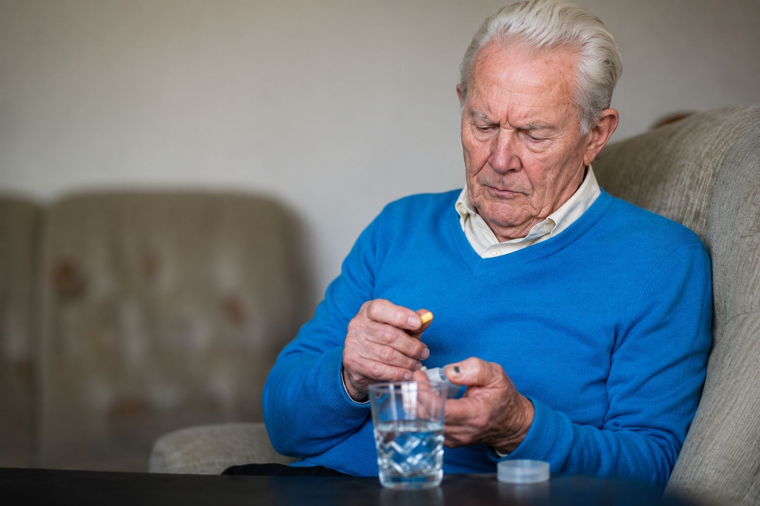 Elderly man in a blue sweater opening a pill bottle beside a glass of water on a couch