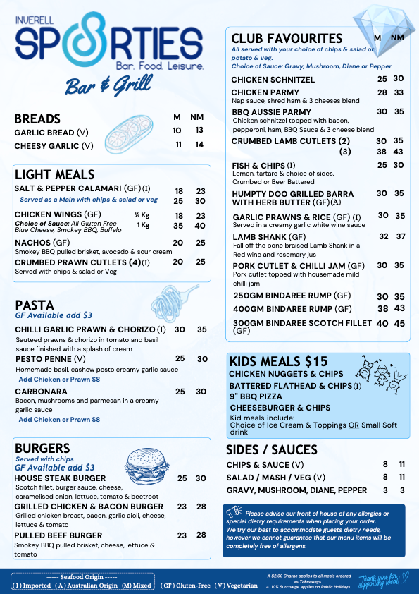 Wooden menu board for SF Sports Bar & Grill with sections for starters, salads, burgers, pasta, and kid meals. — Inverell Sporties in Inverell, NSW