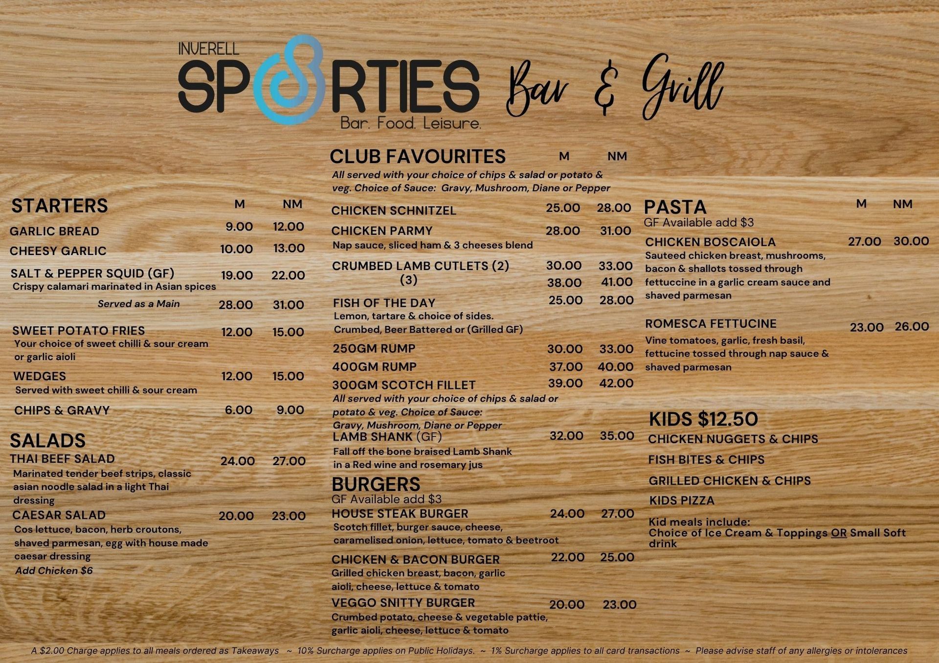 Wooden menu board for SF Sports Bar & Grill with sections for starters, salads, burgers, pasta, and kid meals. — Inverell Sporties in Inverell, NSW