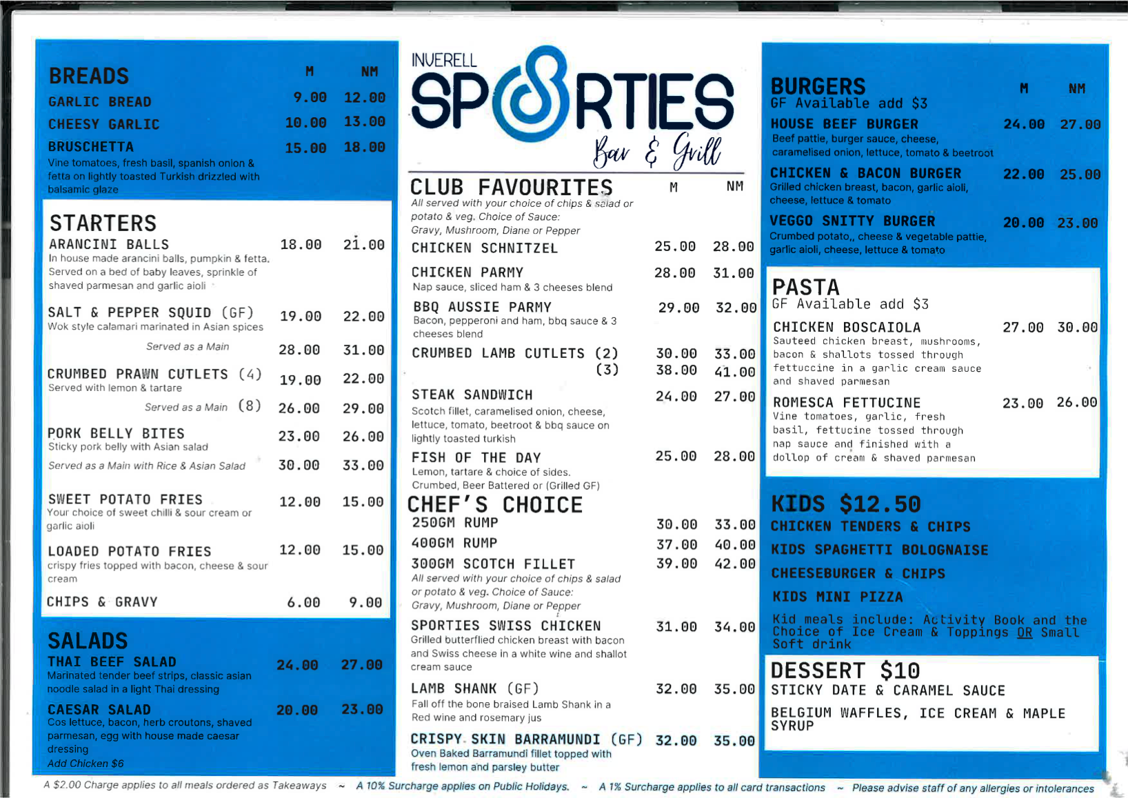 Menu for Sporties Bar & Grill with blue and white text on a black background. — Inverell Sporties in Inverell, NSW