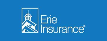 Erie Insurance logo with a white building outline on a blue background.