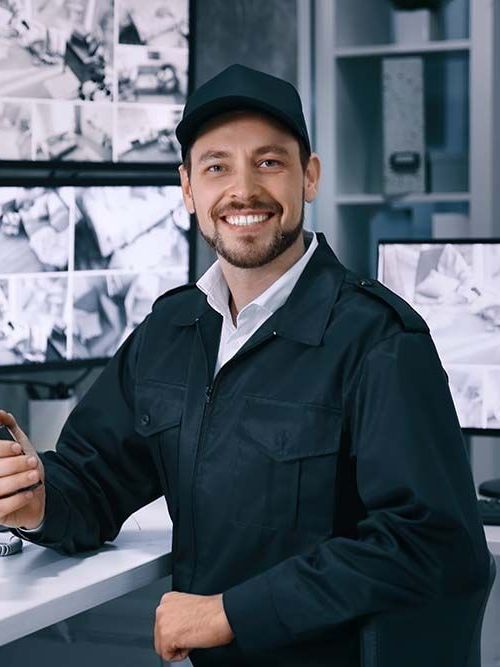 A smiling security guard is sitting at a desk in front of a monitor.