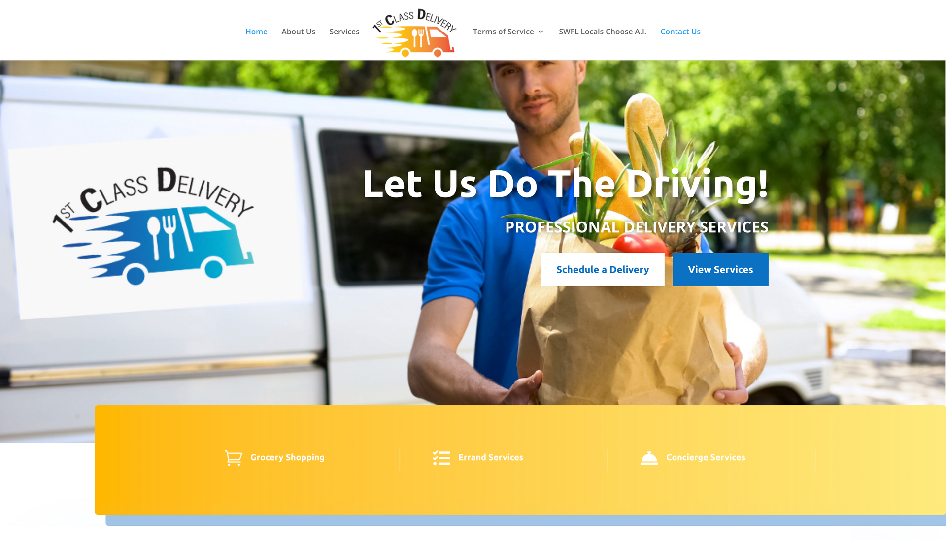 A delivery man is holding a bag of groceries in front of a van.