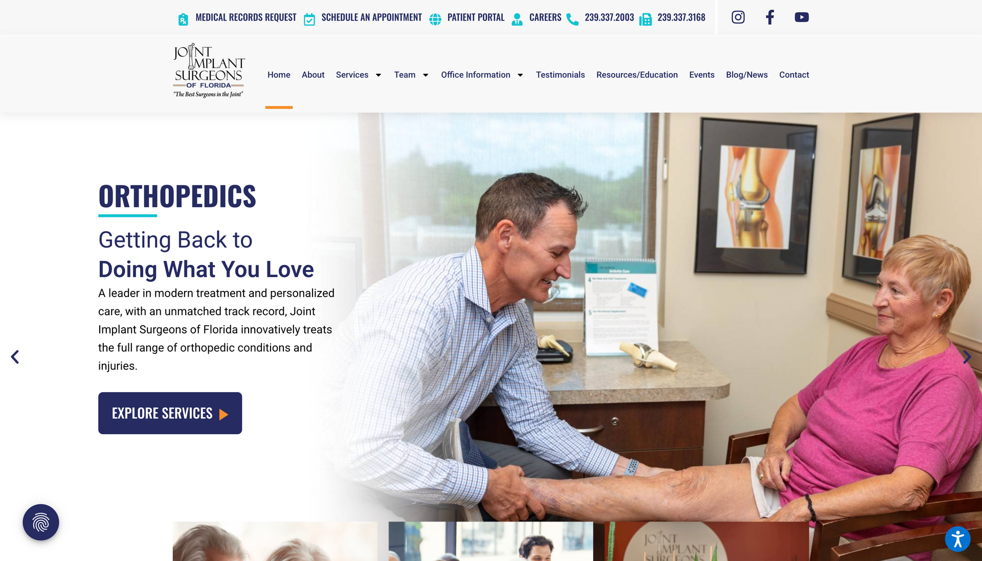 A man is examining a woman 's leg on a website for orthopedics.