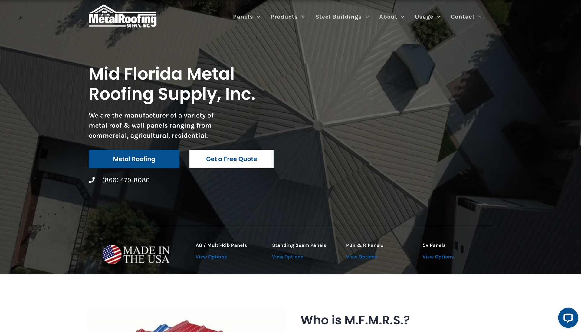 A screenshot of the website for mid florida metal roofing supply inc.