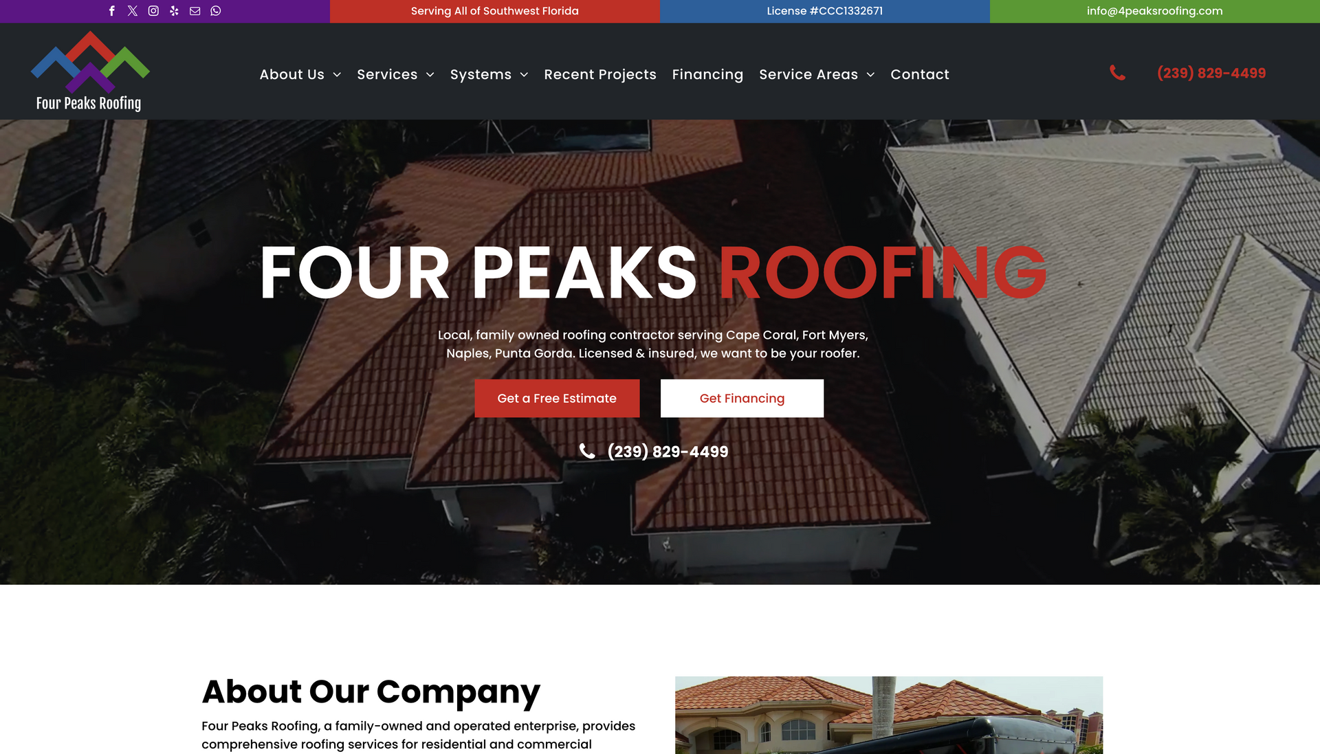 A screenshot of the website for four peaks roofing.