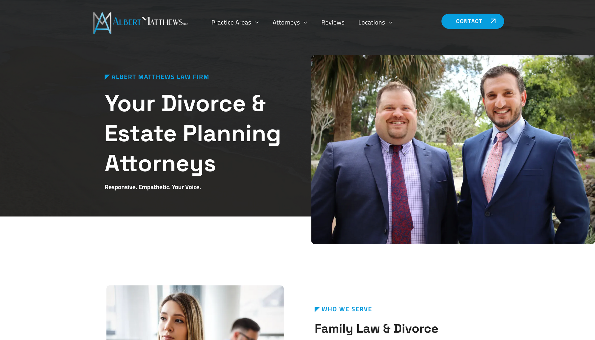 Two men in suits and ties are standing next to each other on a website for divorce and estate planning attorneys.