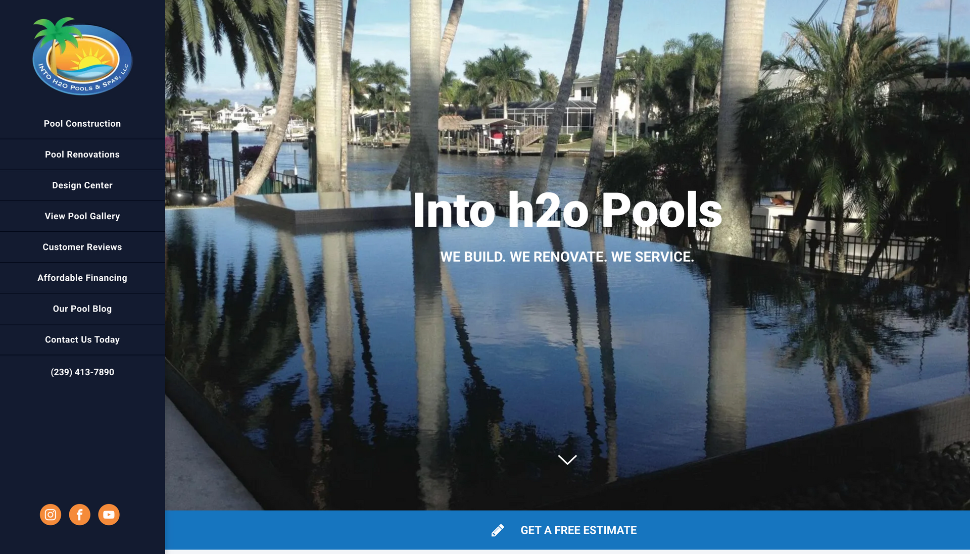 A website for into h2o pools shows a swimming pool surrounded by palm trees.