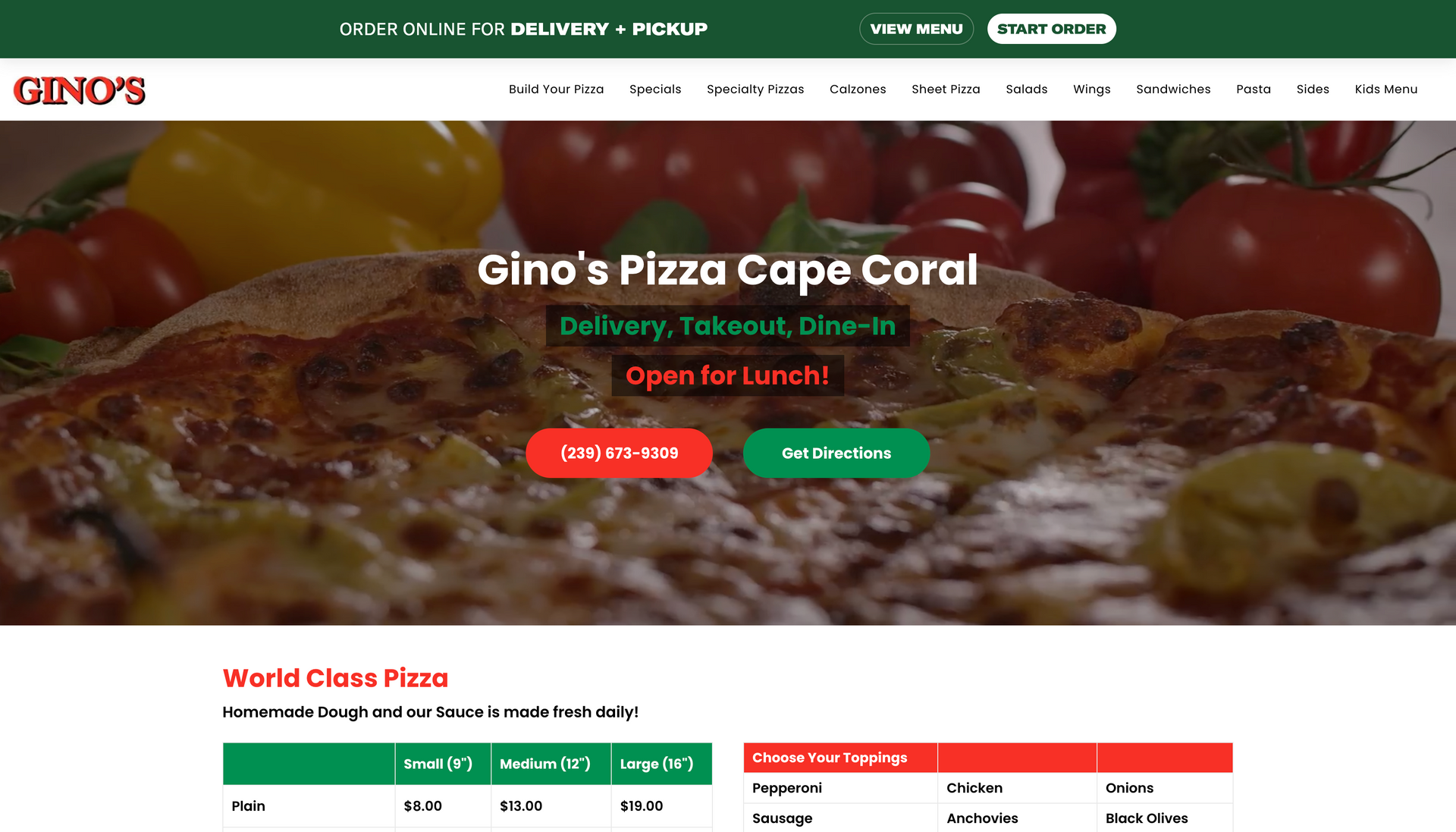 A screenshot of the gino 's pizza cape coral website.