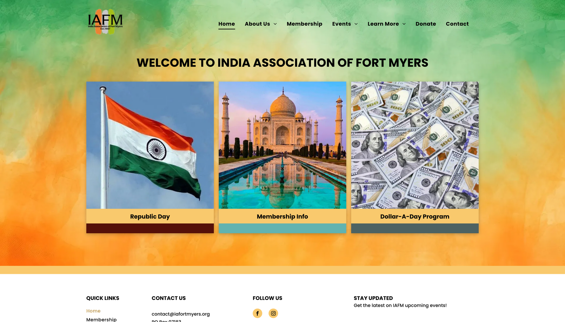 A screenshot of the website for the india association of fort myers