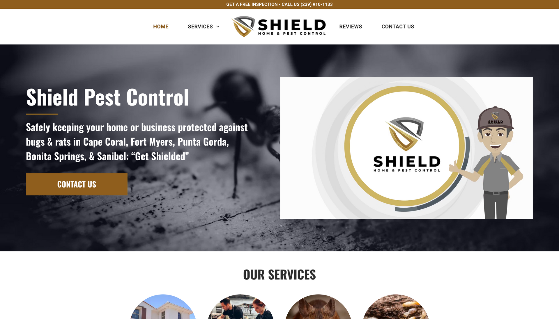 A shield pest control website shows a picture of an ant and a man holding a shield.
