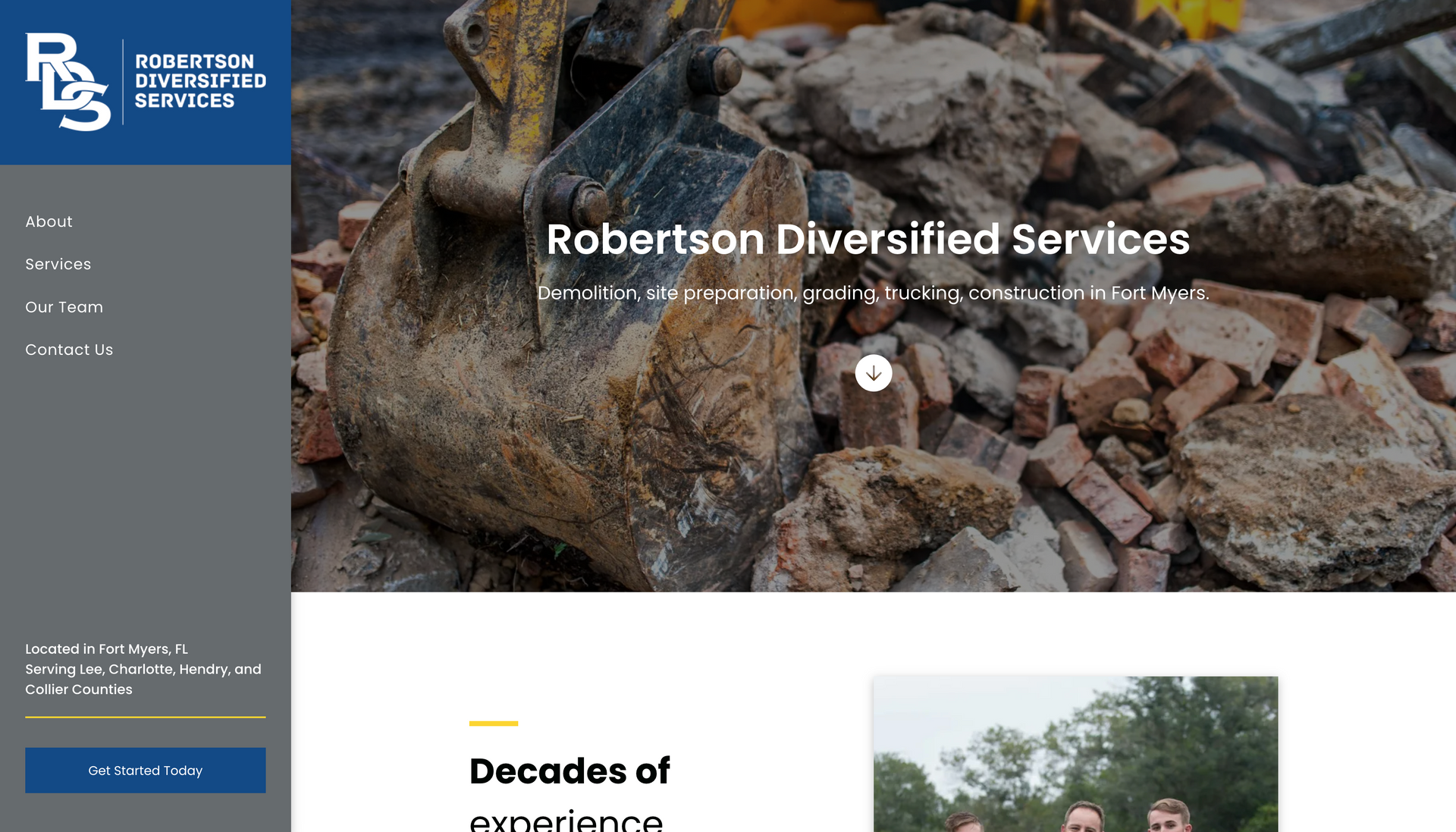 A website for robertson diversified services shows a pile of rocks and bricks.