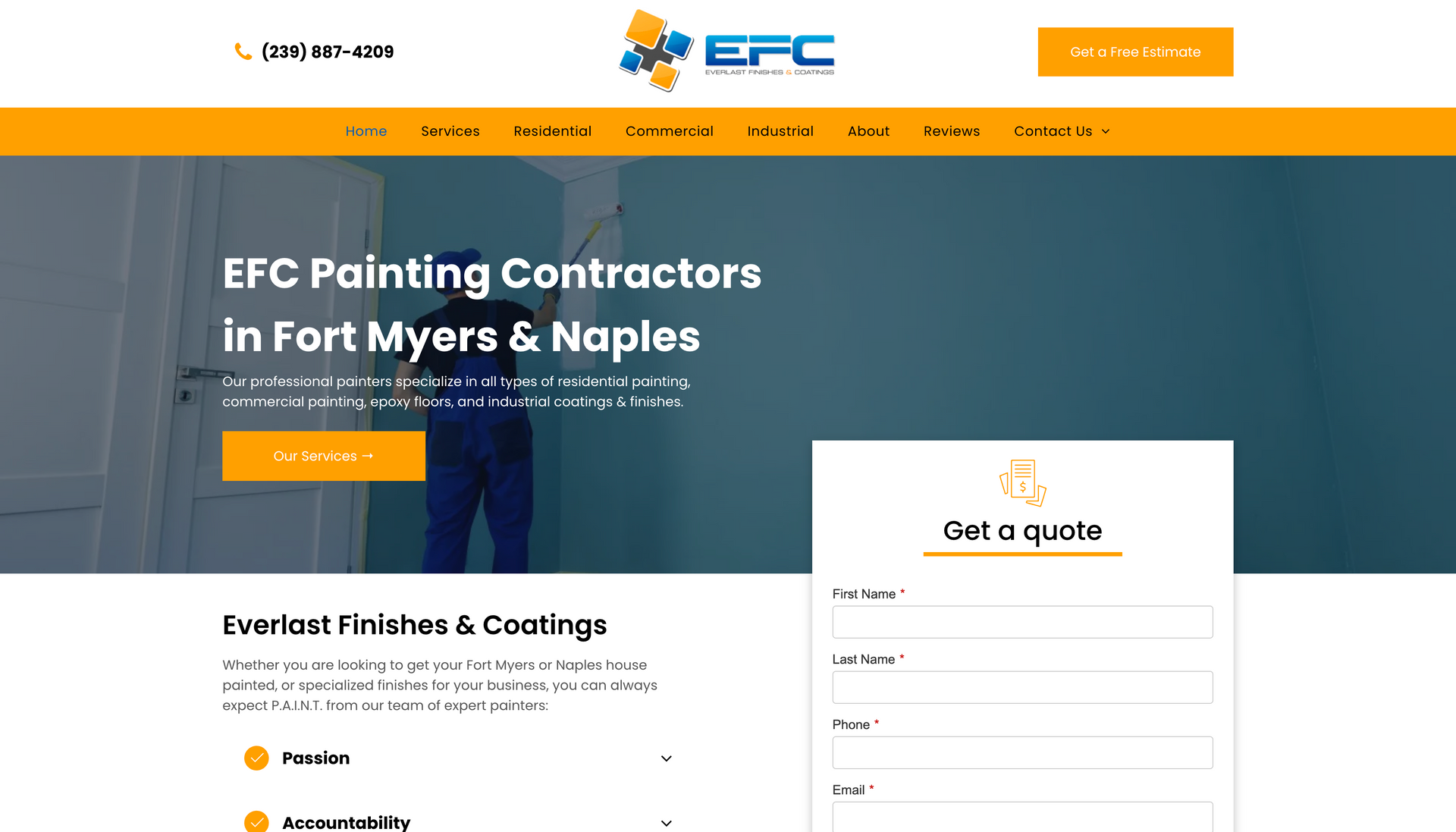 The homepage of a website for painting contractors in fort myers and naples.