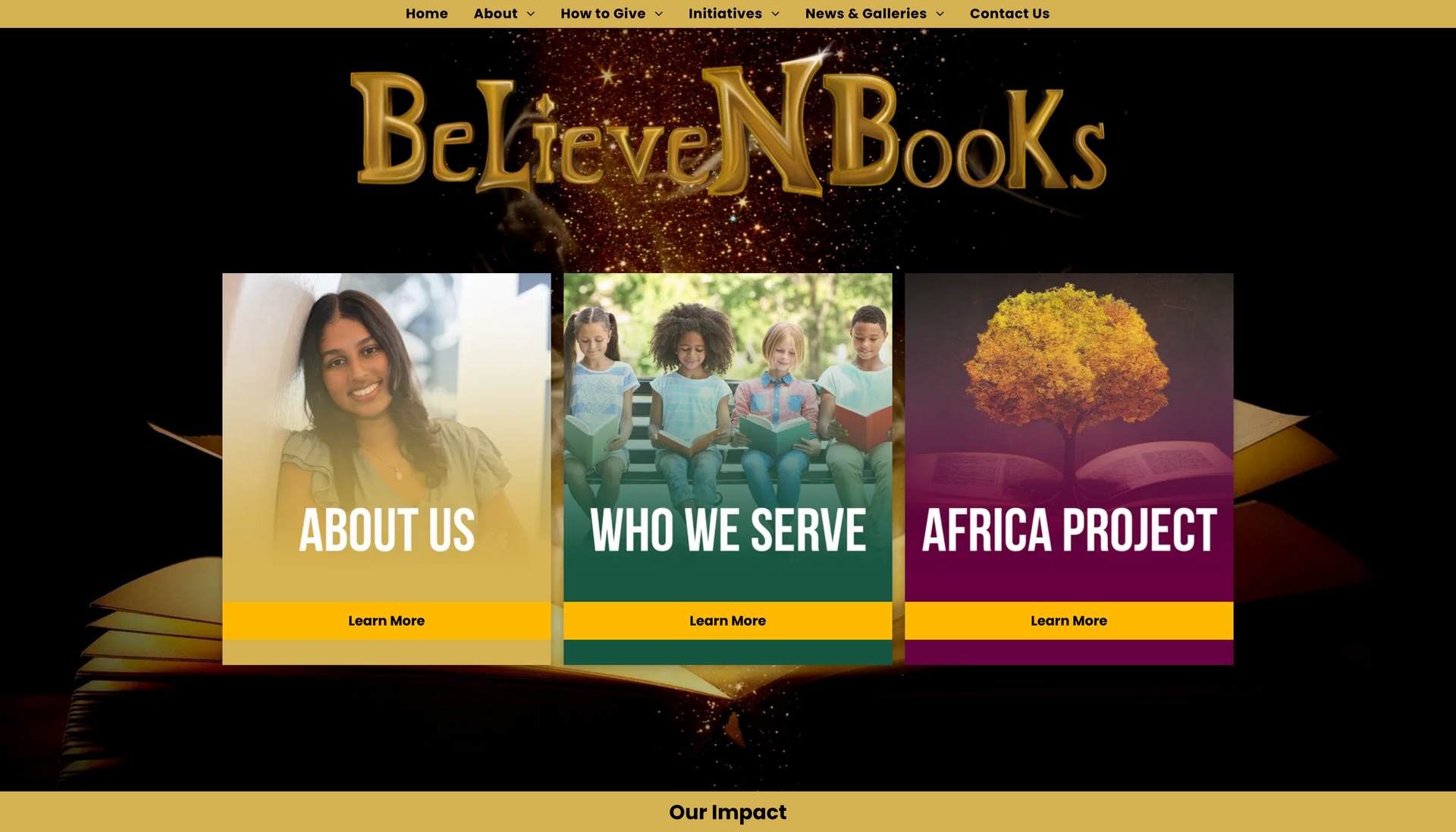 A website called believen books has three sections about us who we serve and africa project