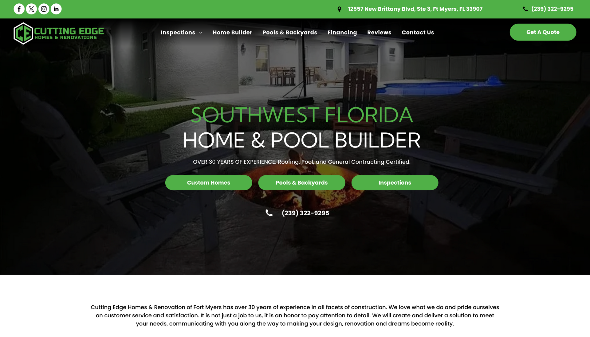 A screenshot of the southwest florida home and pool builder website.